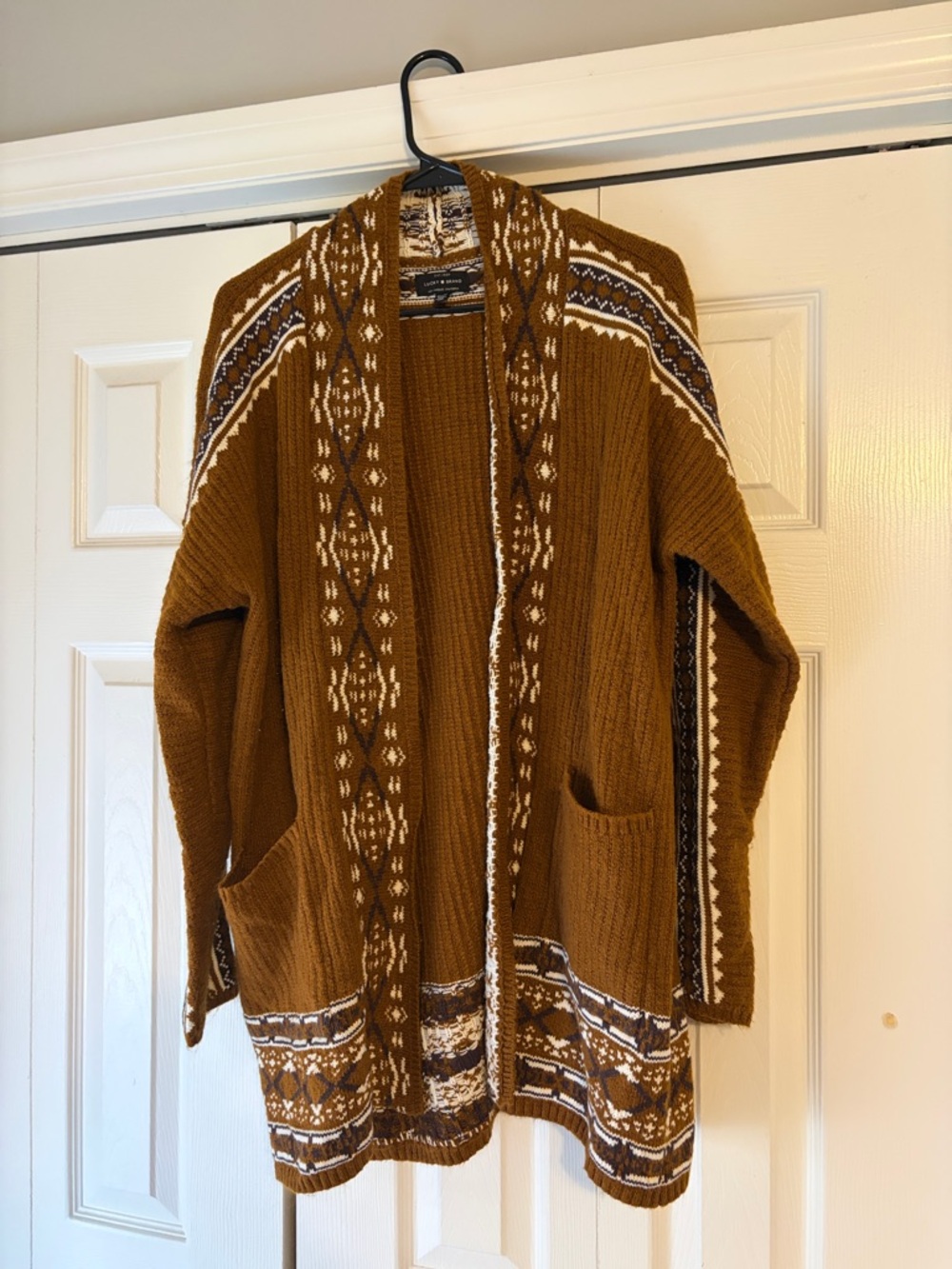 Lucky Brand Brown and Cream Patterned Open Cardigan